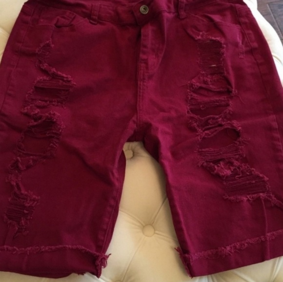 Pants - Distressed Denim Burgundy Shorts